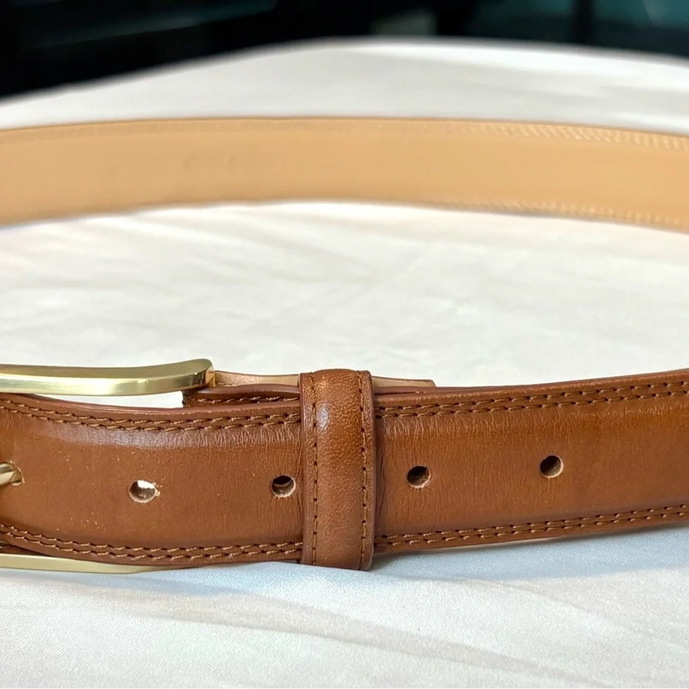Lands' End Men's Tan Leather Belt with Gold Buckle